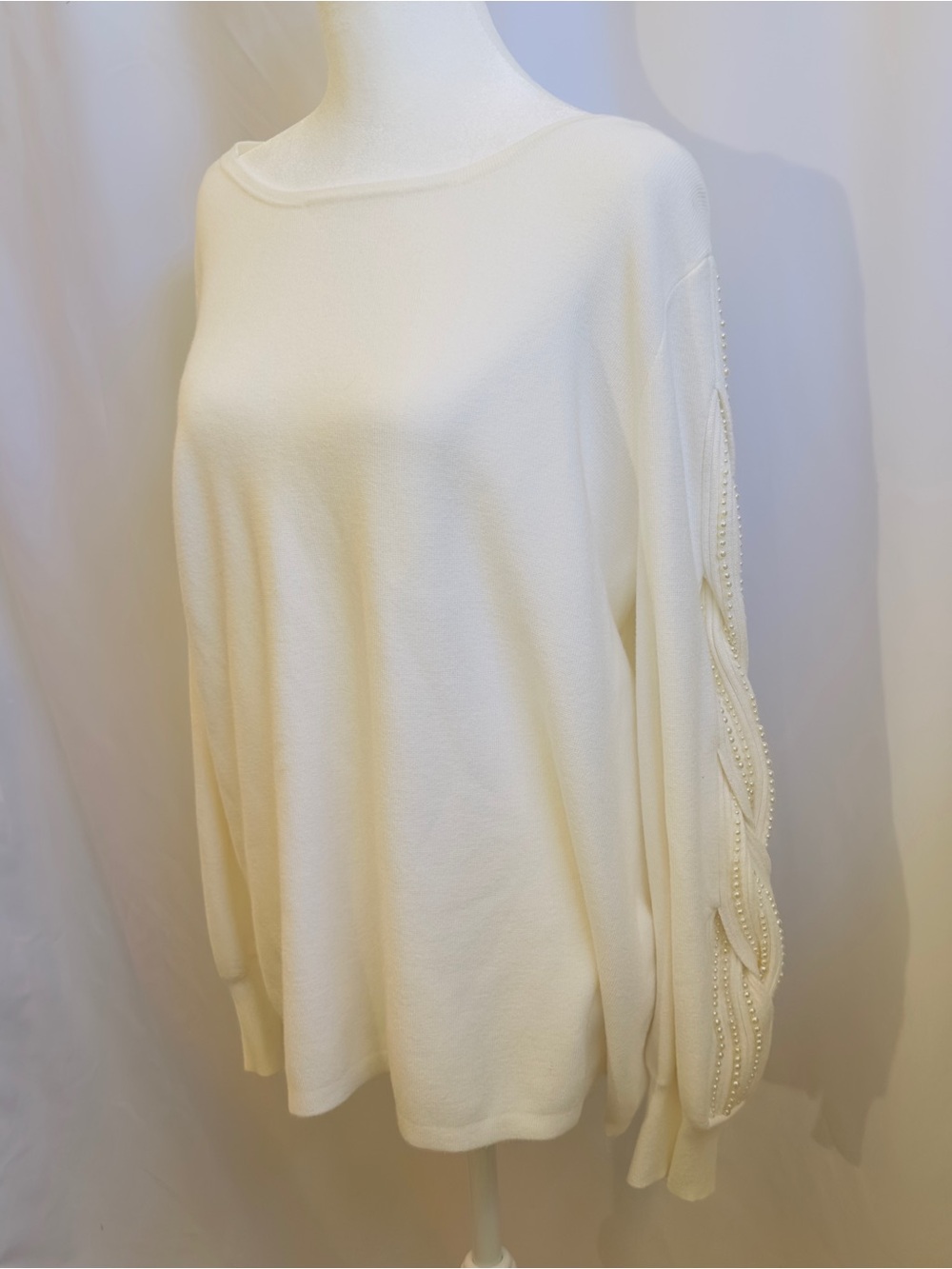 Chico's Faux Pearl Braided Long Peek a Boo Sleeve Ivory Womans Sweater SZ 3/16